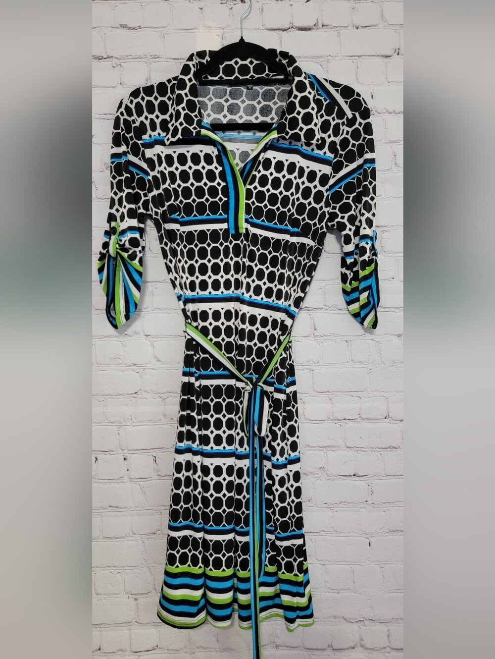Black Geometric Print Belted Dress with Blue & Lime Accents Size M